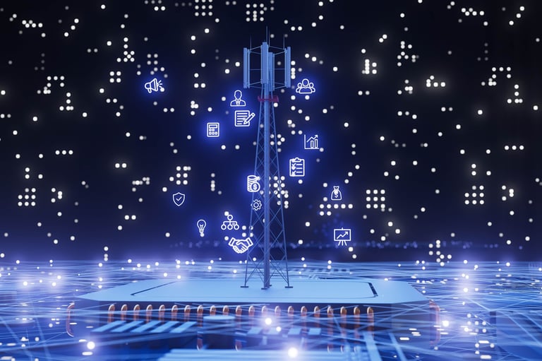 A tower with a lot of icons on it with business icon