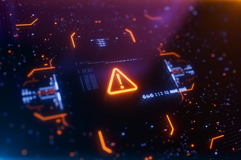 Warning icon on a digital LCD display with reflection. Concept of cyber attack, malware, data breach, system hacking, virus, spyware, compromised information and urgent attention