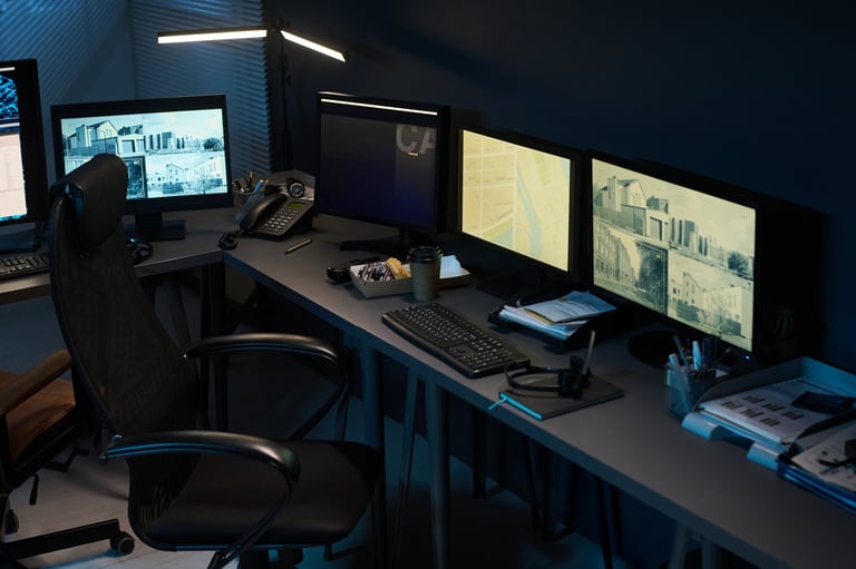 Empty modern office workspace featuring multiple computer monitors displaying surveillance footage