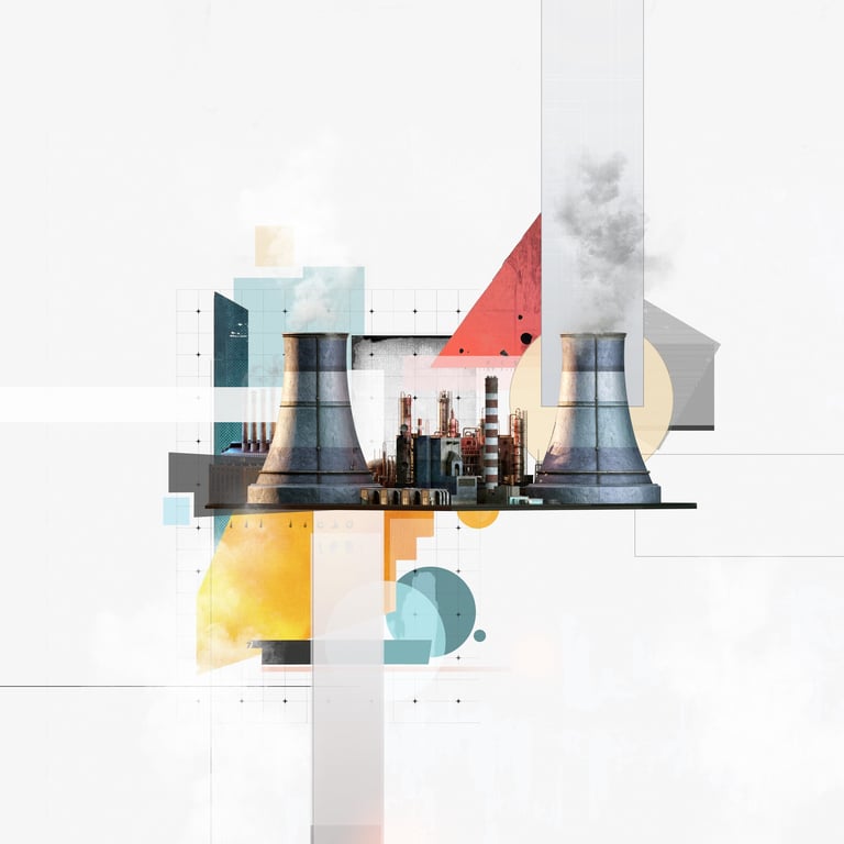 Cooling towers of thermal power plant emitting industrial smoke in conceptual environmental pollution collage illustration
