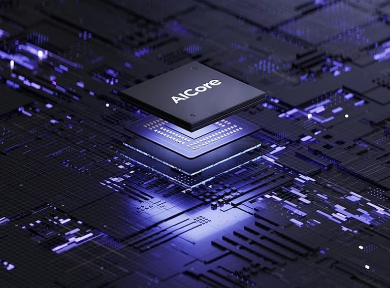 Close-up of an AICORE processor chip on a blue-lit circuit board with intricate electronic pathways