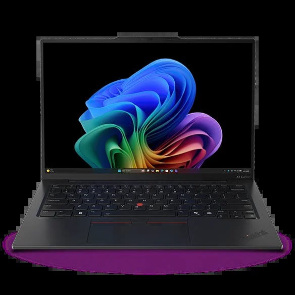 Black laptop displaying colorful abstract wallpaper with blue, green, and purple swirling patterns on screen