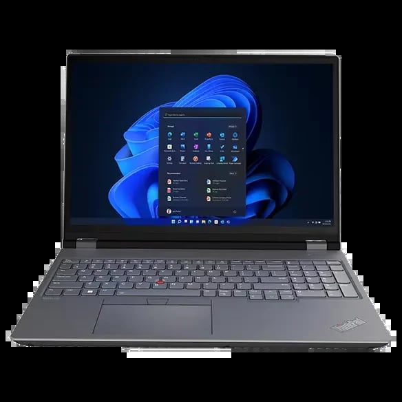 Lenovo ThinkPad laptop with Windows 11 start menu open on screen, featuring blue Windows logo wallpaper, gray chassis, and full keyboard visible