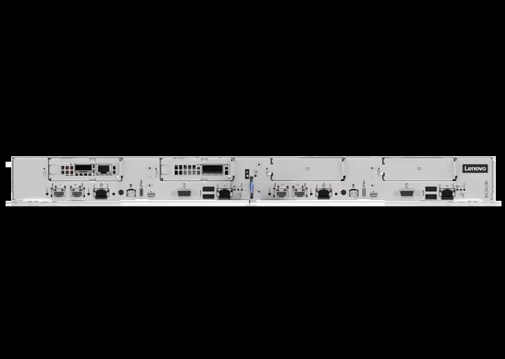 Rear view of a Lenovo server chassis with multiple ports, connectors, and ventilation grilles