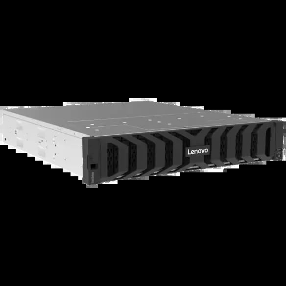 Lenovo rackmount server with black front panel and white chassis, viewed from the side angle