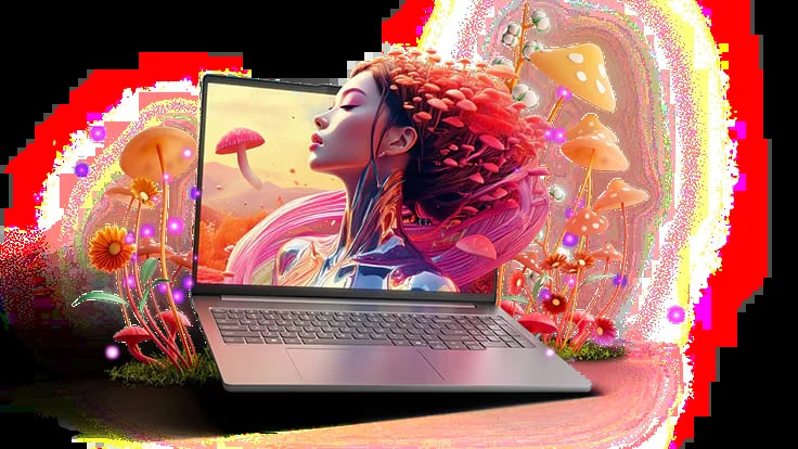 Laptop displaying colorful digital art with glowing neon halo effect and surreal psychedelic graphics around the screen