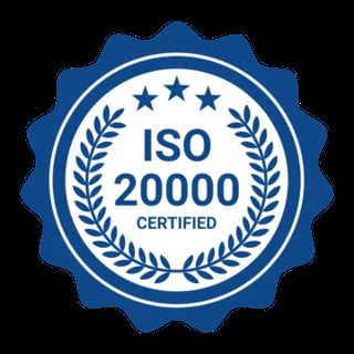 ISO 20000 Certified badge with blue seal, three stars, and laurel wreath design
