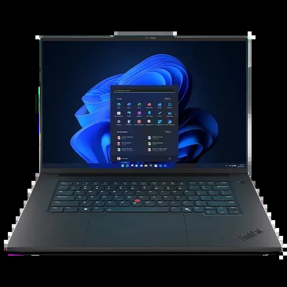ThinkPad laptop displaying Windows 11 start menu with blue abstract wallpaper and application icons on screen