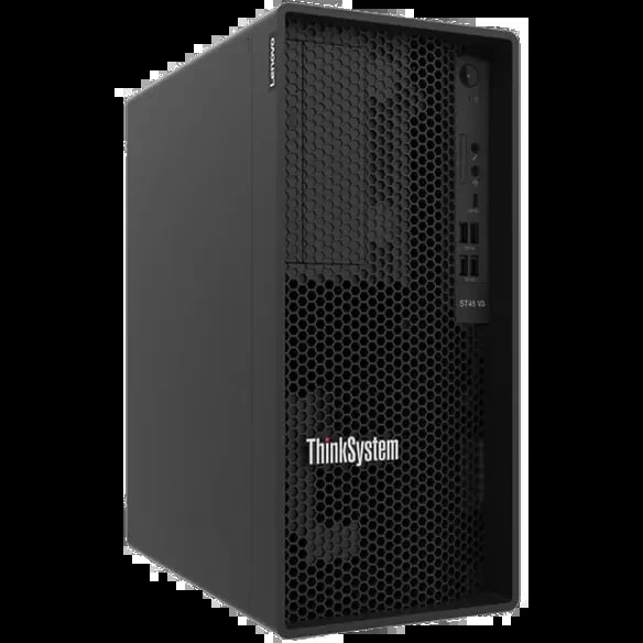 Lenovo ThinkSystem desktop computer tower with black metal mesh front panel and ventilation grilles