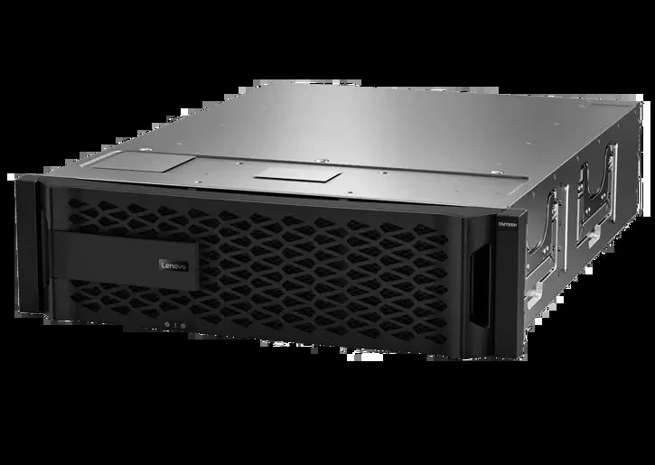 Black enterprise server with metal vented front panel and cable connections on right side