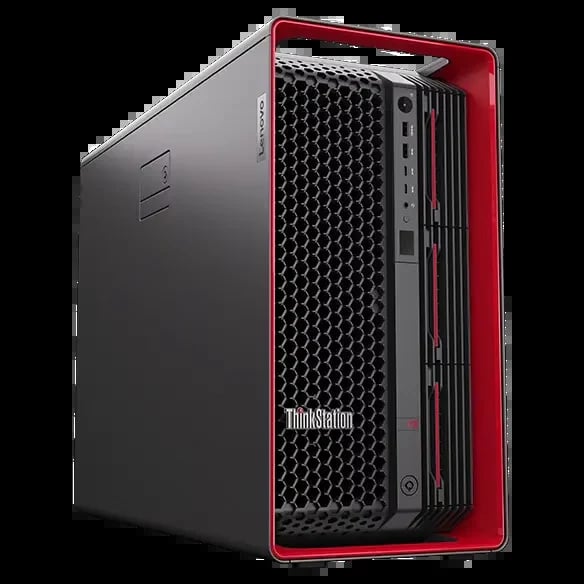 Lenovo ThinkStation desktop workstation with red and black metal chassis and mesh front panel