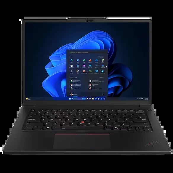 Black laptop with Windows 11 interface displayed on screen, featuring blue flower wallpaper and application icons on taskbar