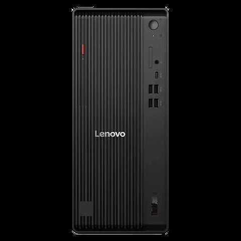 Lenovo black desktop tower PC with vertical ribbed panel design and front-mounted USB ports