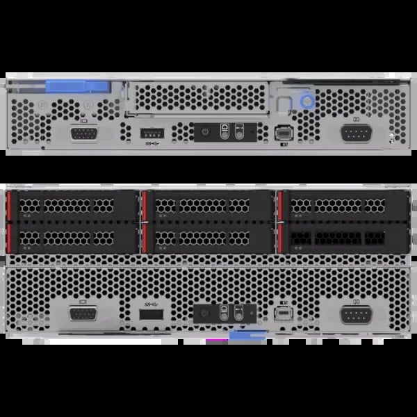 Rear view of server hardware showing ventilation ports, cooling fans, and multiple connection ports including VGA, USB, and serial connectors