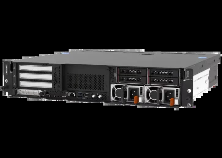 Black 2U rackmount server with front bays, cooling vents, and power connections visible