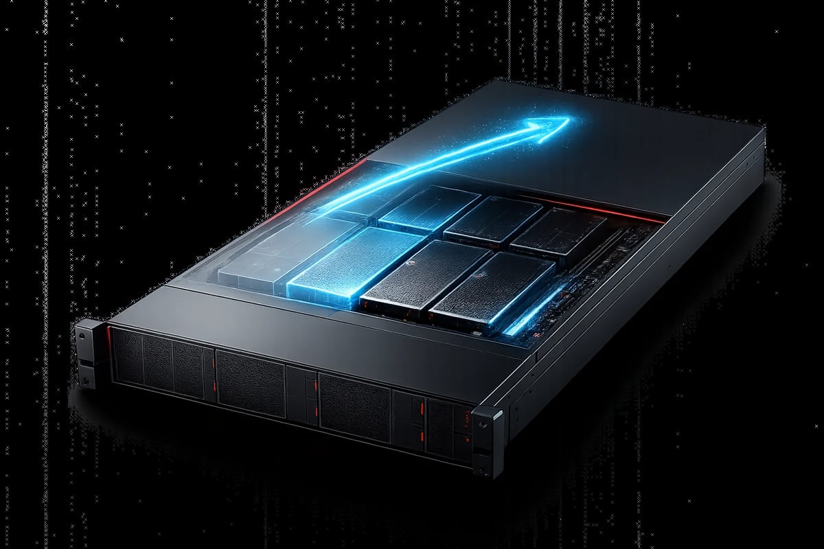 Black server rack with open panel showing internal hardware components and red cable accents on dark background