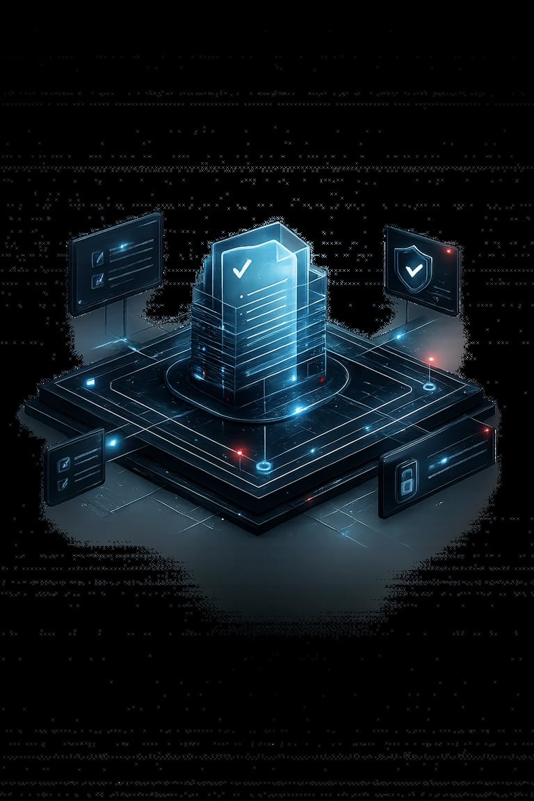 3D isometric illustration of a central server tower with security shields on either side, glowing with blue and red lights on a dark digital background