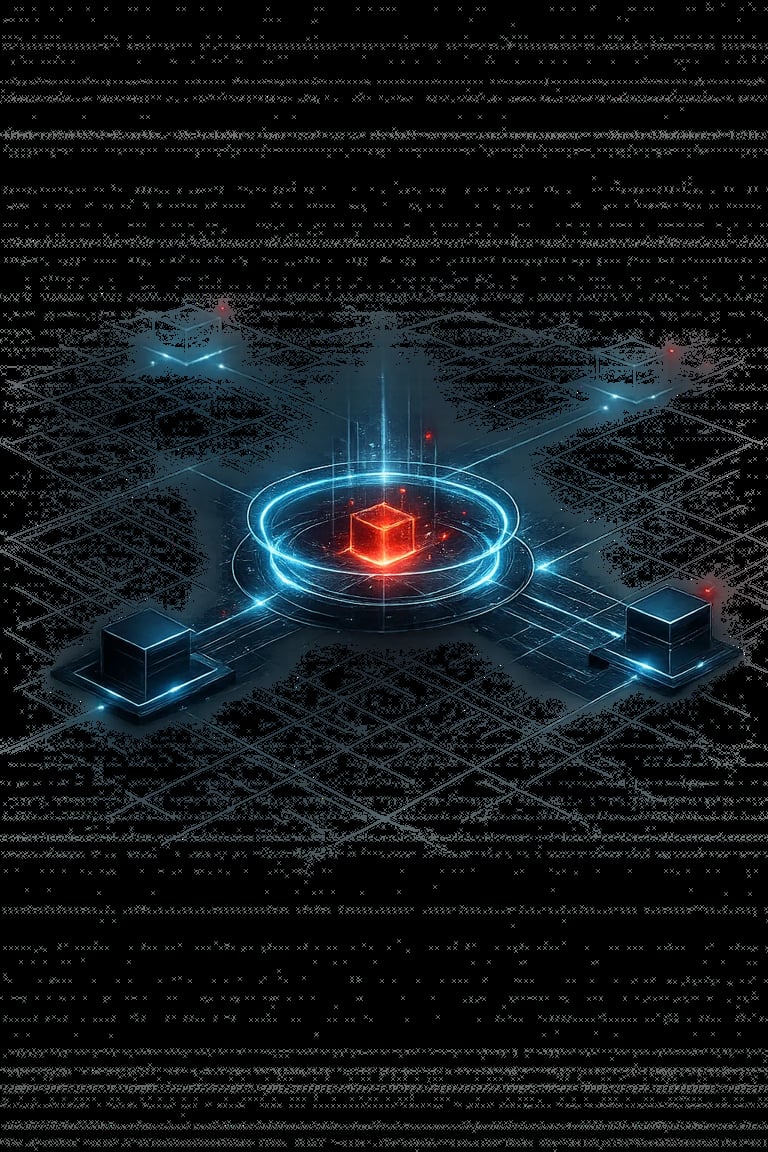 3D digital illustration of a glowing red cube at the center of a blue circular network with connected computer nodes on a dark background