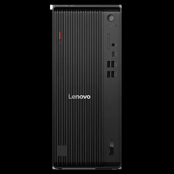 Black Lenovo desktop tower computer with vertical ribbed front panel and USB ports visible on the right side