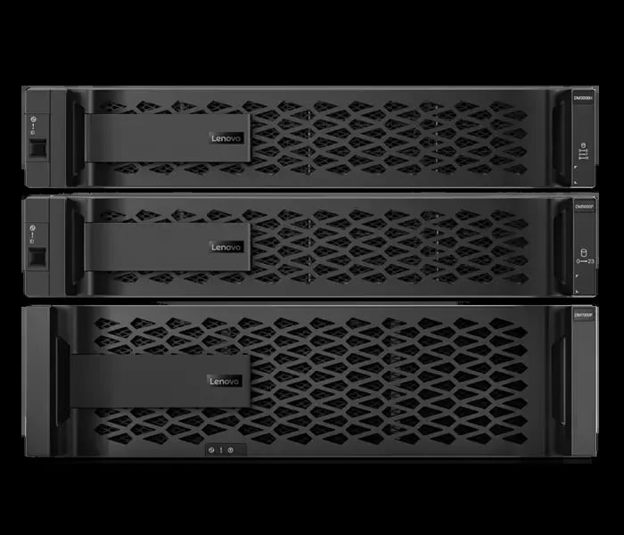 Three Lenovo server units stacked vertically, showing front panels with mesh ventilation and status indicator lights
