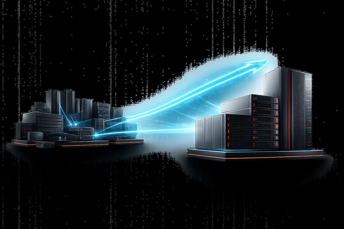 3D illustration of computer servers and data center infrastructure with glowing red network connections on dark background