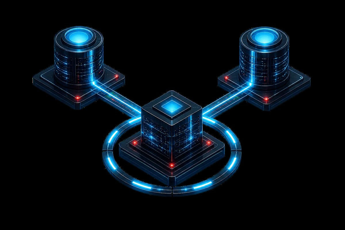 Futuristic network diagram showing three glowing blue database servers connected by illuminated data pathways against a black background