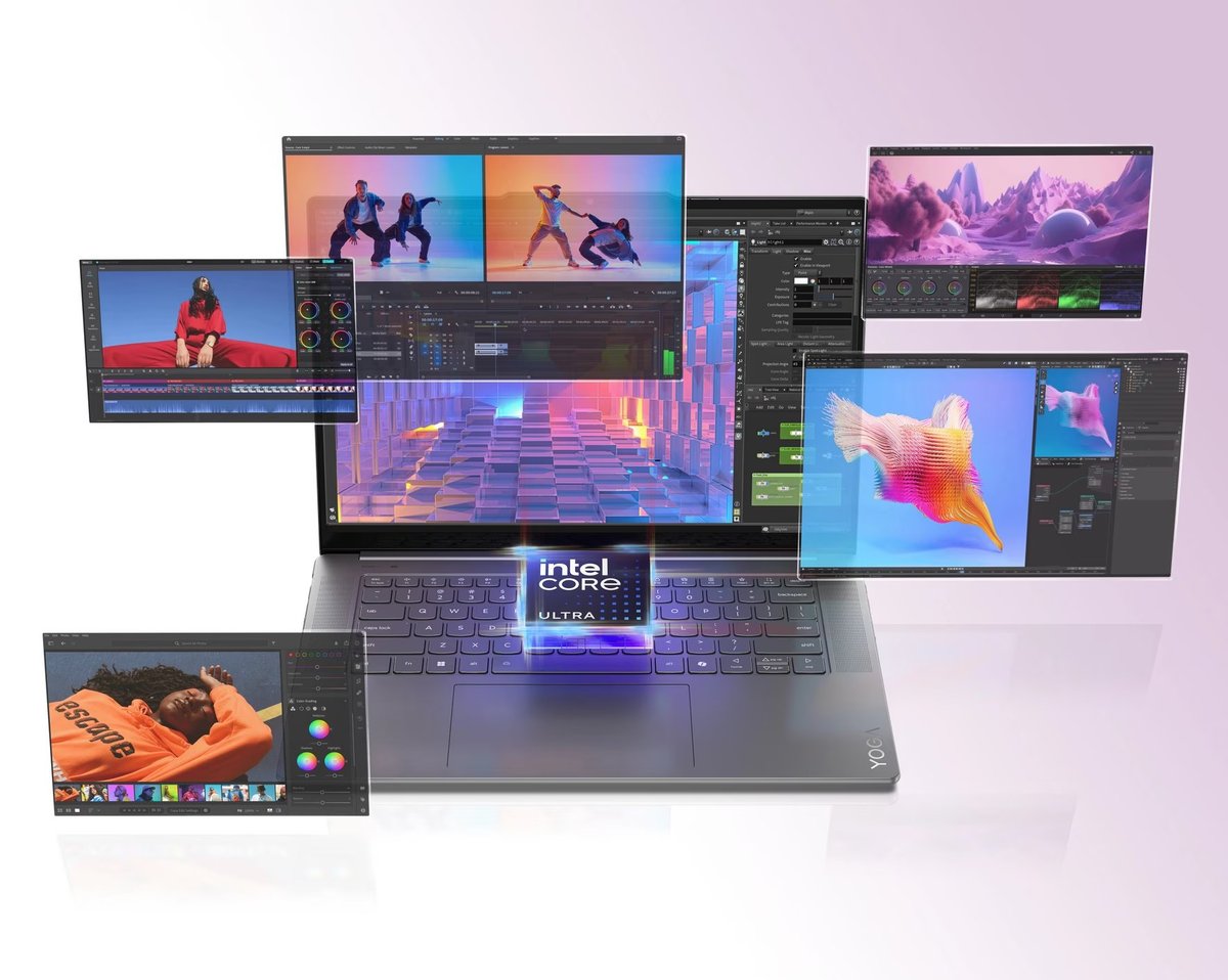 Intel Core laptop displaying multiple creative editing windows with colorful visual content and design software interface