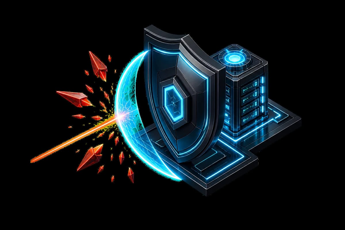 Neon glowing 3D shield and server tower icons with orange sparks on black background, representing cybersecurity and data protection