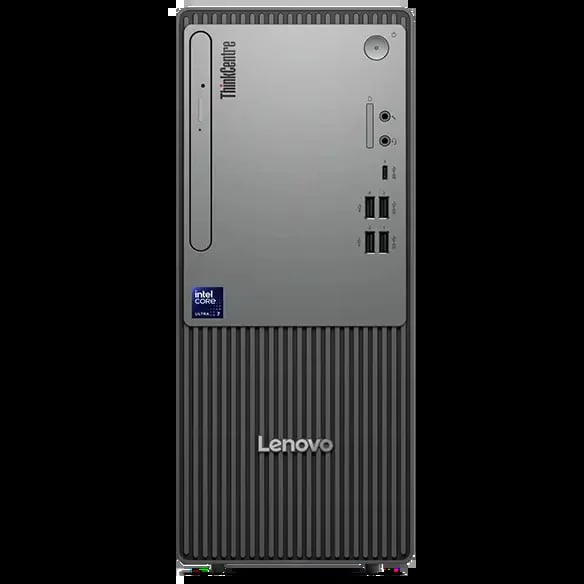Lenovo ThinkCentre desktop computer tower with vertical ribbed design and front-facing ports on black background