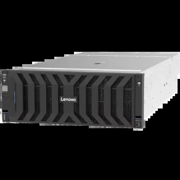 Lenovo rack-mount server with black front panel and white chassis, displayed at an angle on white background