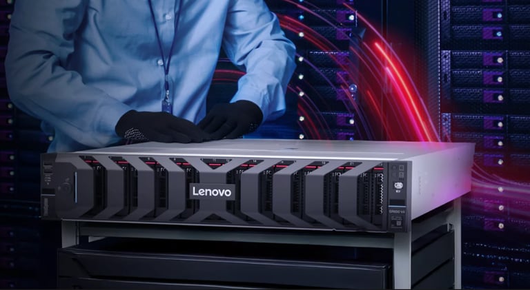 Technician working on a Lenovo server in a data center with illuminated red server racks in background