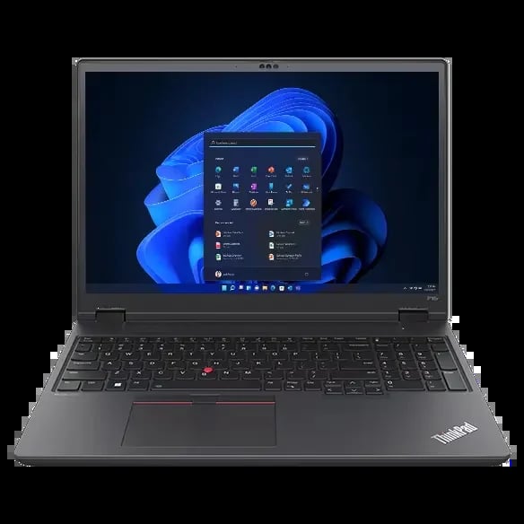 ThinkPad laptop displaying Windows 11 start menu with blue abstract wallpaper on screen