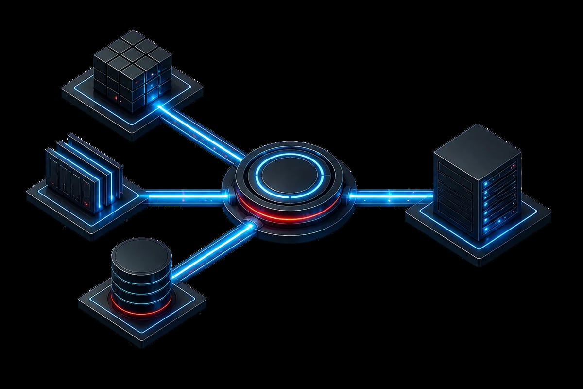 Isometric network diagram showing four server nodes connected by glowing blue lines to a central hub with red and blue rings