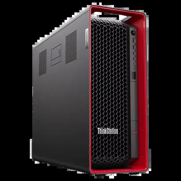 Lenovo ThinkStation desktop computer tower with red and black design and hexagonal mesh front panel