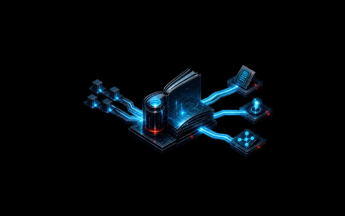 Abstract 3D illustration of a digital central hub with glowing blue circuit connections branching outward on a black background