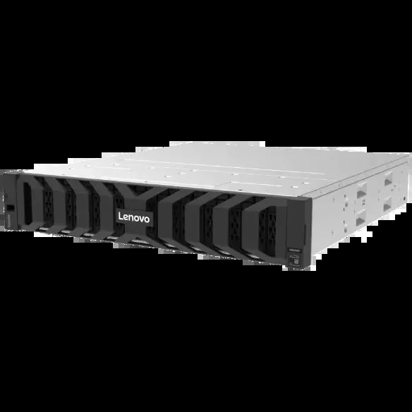 Lenovo rackmount server with black front panel and white top chassis, viewed from an angle
