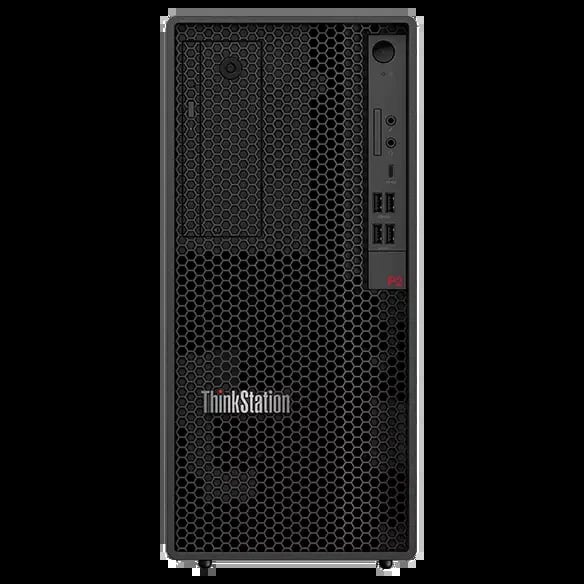 Lenovo ThinkStation desktop computer tower with black perforated metal case and front-facing logo