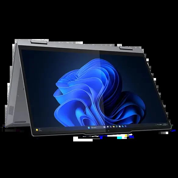 2-in-1 laptop with touchscreen in tent mode displaying blue abstract wallpaper on dark background