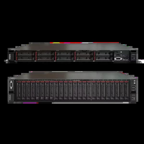 Two stacked black rack-mounted servers with multiple drive bays and front panel indicators