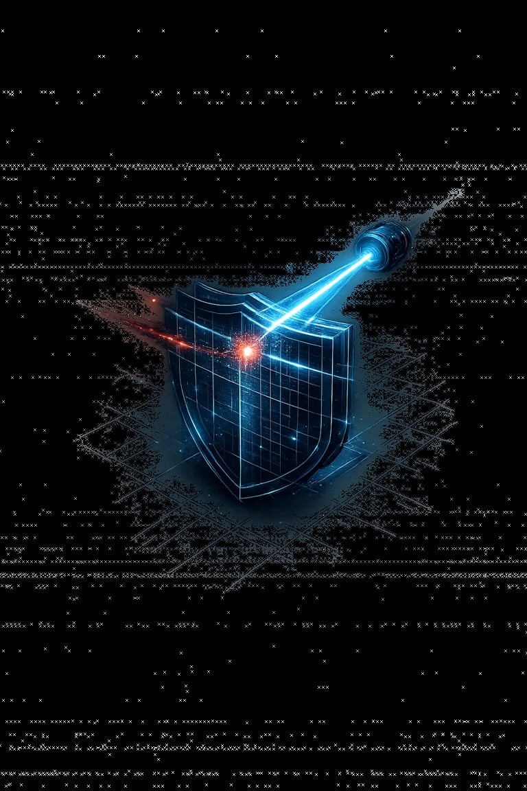 Digital shield with blue laser beam piercing through it against dark background with binary code and particle effects
