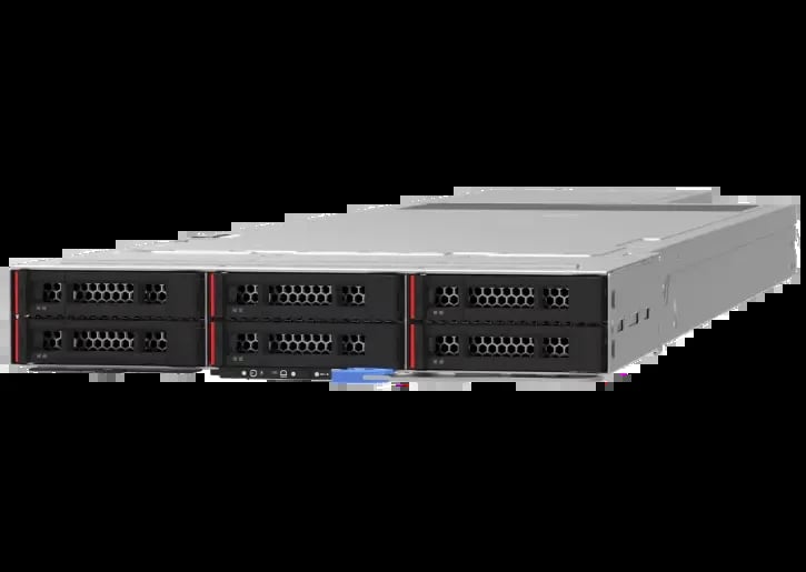 Industrial server unit with multiple black drive bays and red accents, mounted in a gray metal chassis