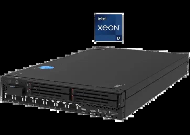 Intel Xeon D processor server with multiple network ports and black metal chassis on white background