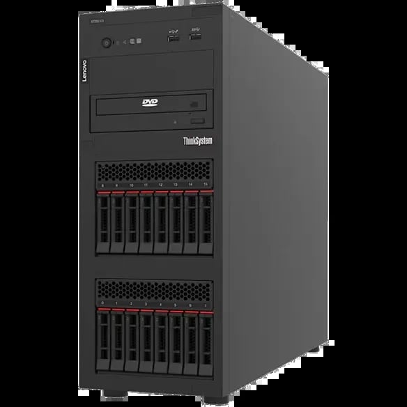 Lenovo ThinkSystem tower server with multiple hard drive bays and DVD drive