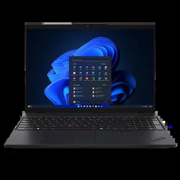 Black ThinkPad laptop with Windows 11 display showing blue Bloom wallpaper and open settings menu on screen