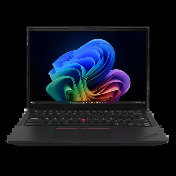Black ThinkPad laptop displaying colorful Windows 11 wallpaper with swirling blue and rainbow gradient design on screen
