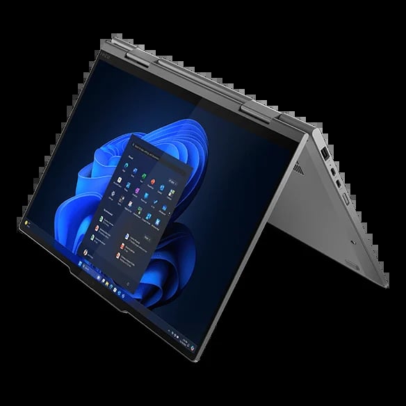2-in-1 convertible laptop in tent mode displaying Windows 11 interface with blue accent graphics on dark screen