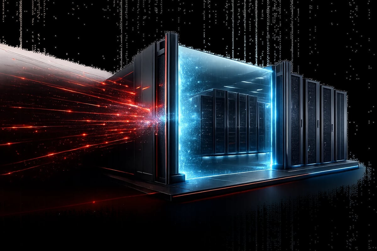 Modern data center with server racks and red LED lights streaming from open door against dark background