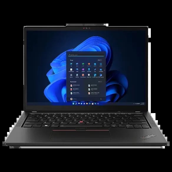 Black ThinkPad laptop displaying Windows 11 interface with blue floral wallpaper and app grid on screen