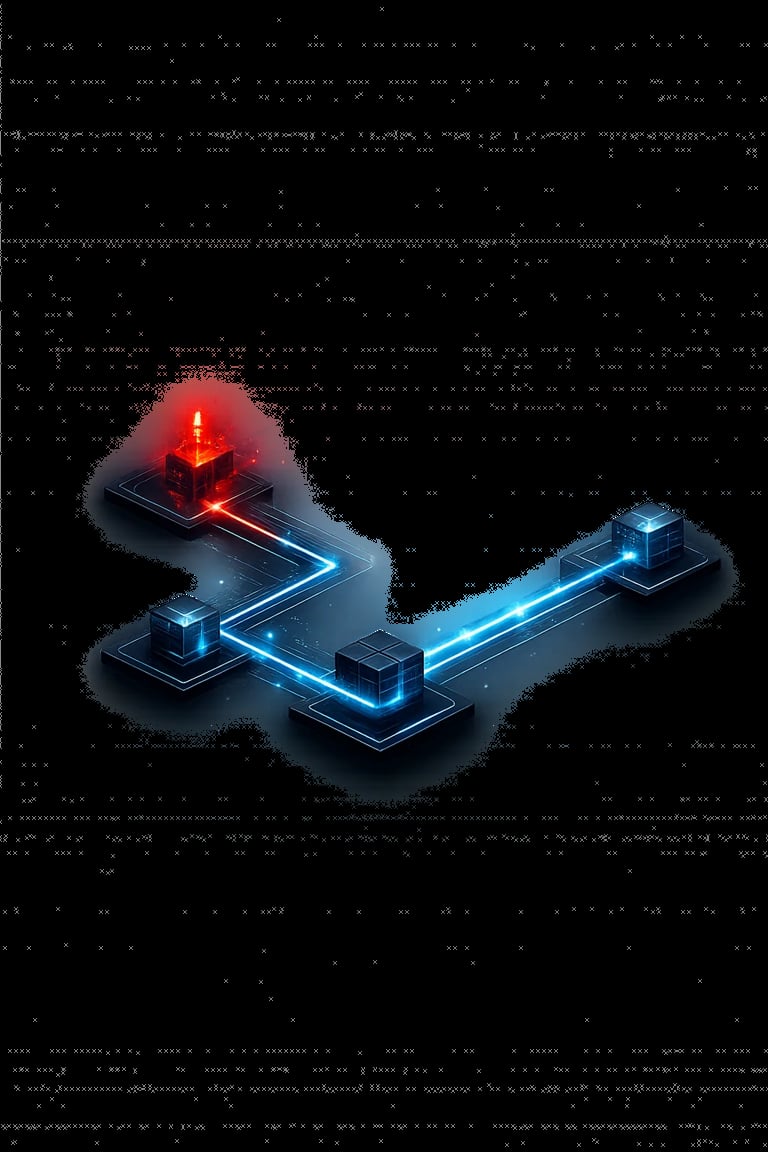 3D isometric network diagram showing data flow between servers with glowing blue and red nodes connected by neon lines on dark background