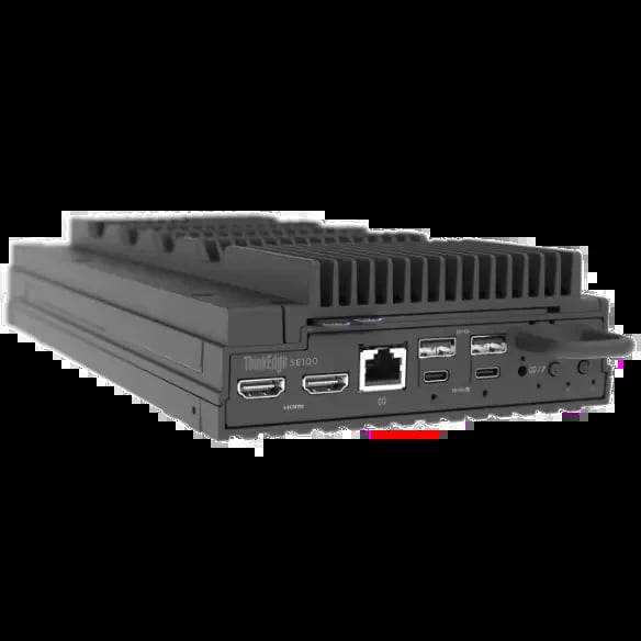 Compact industrial computer with multiple ports including HDMI, ethernet, and USB connections, featuring a large heatsink on top